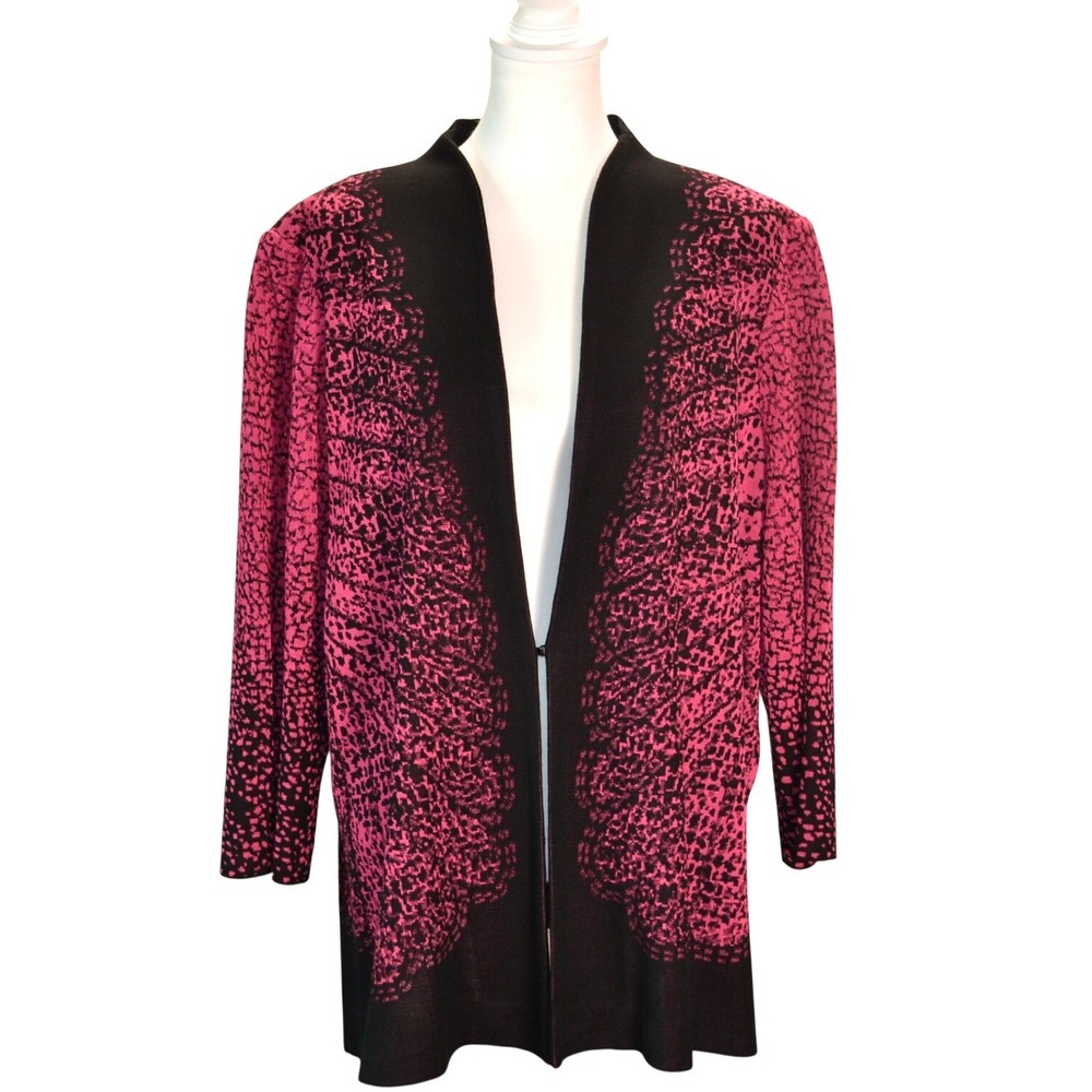 Ming Wang Open Front Long Cardigan Work Fall Black Pink Knit XL Art Abstract